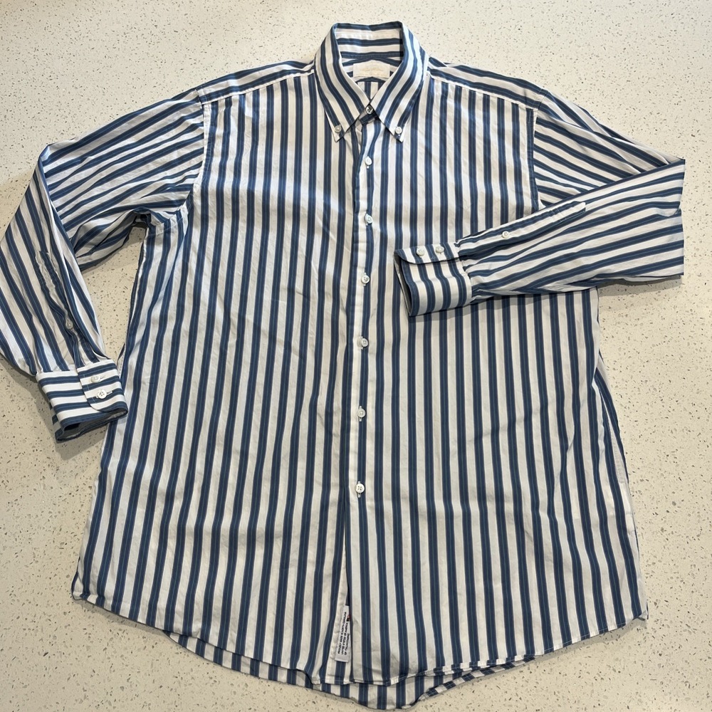 Brooks Brothers Made In USA Woven Italy Blue Striped Button Shirt Size 17.5-34
